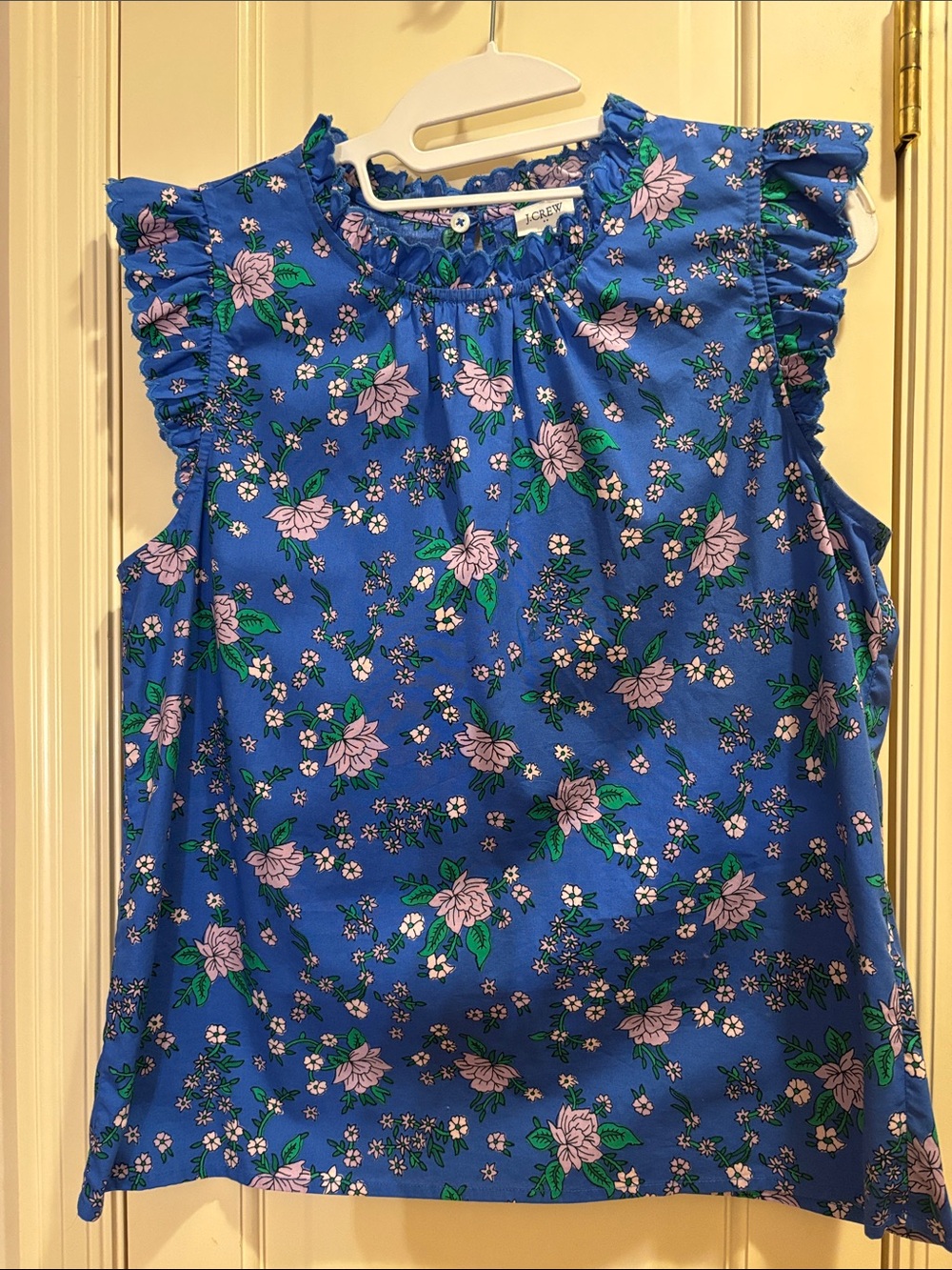 J. Crew Blue Floral Ruffle Sleeve Top